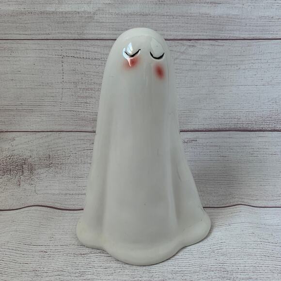 White Halloween Blushing Ghost with Rosy Cheeks Ceramic 8 1/2"H - Picture 1 of 11